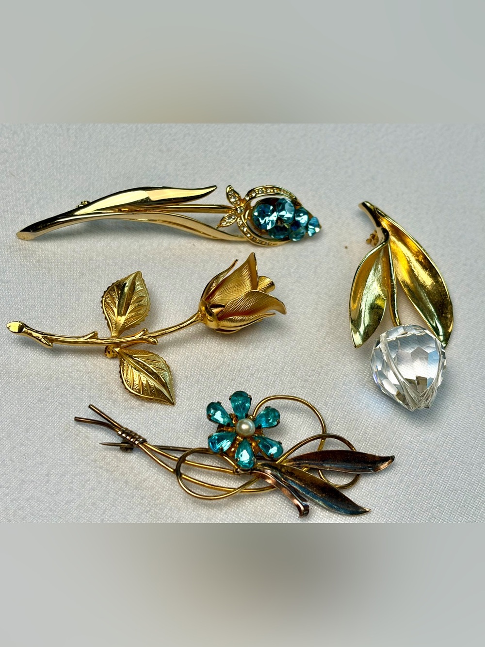Vintage & Modern 4-Brooch Bundle:Roses&Tulips, Glass, Gold Filled, GUC - Picture 2 of 13